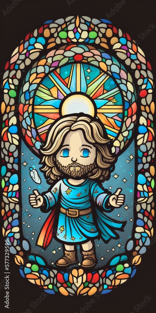 Fototapeta premium Chibi style Jesus on stained glass, Generative AI