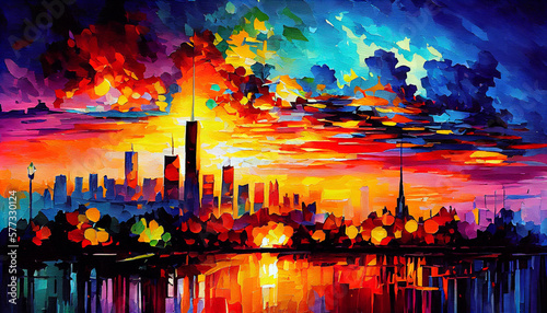 A vibrant sunset over the big metropolis city, generative ai