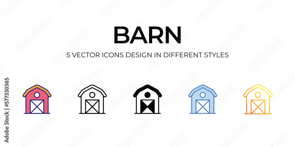 barn Icon Design in Five style with Editable Stroke. Line, Solid, Flat Line, Duo Tone Color, and Color Gradient Line. Suitable for Web Page, Mobile App, UI, UX and GUI design.