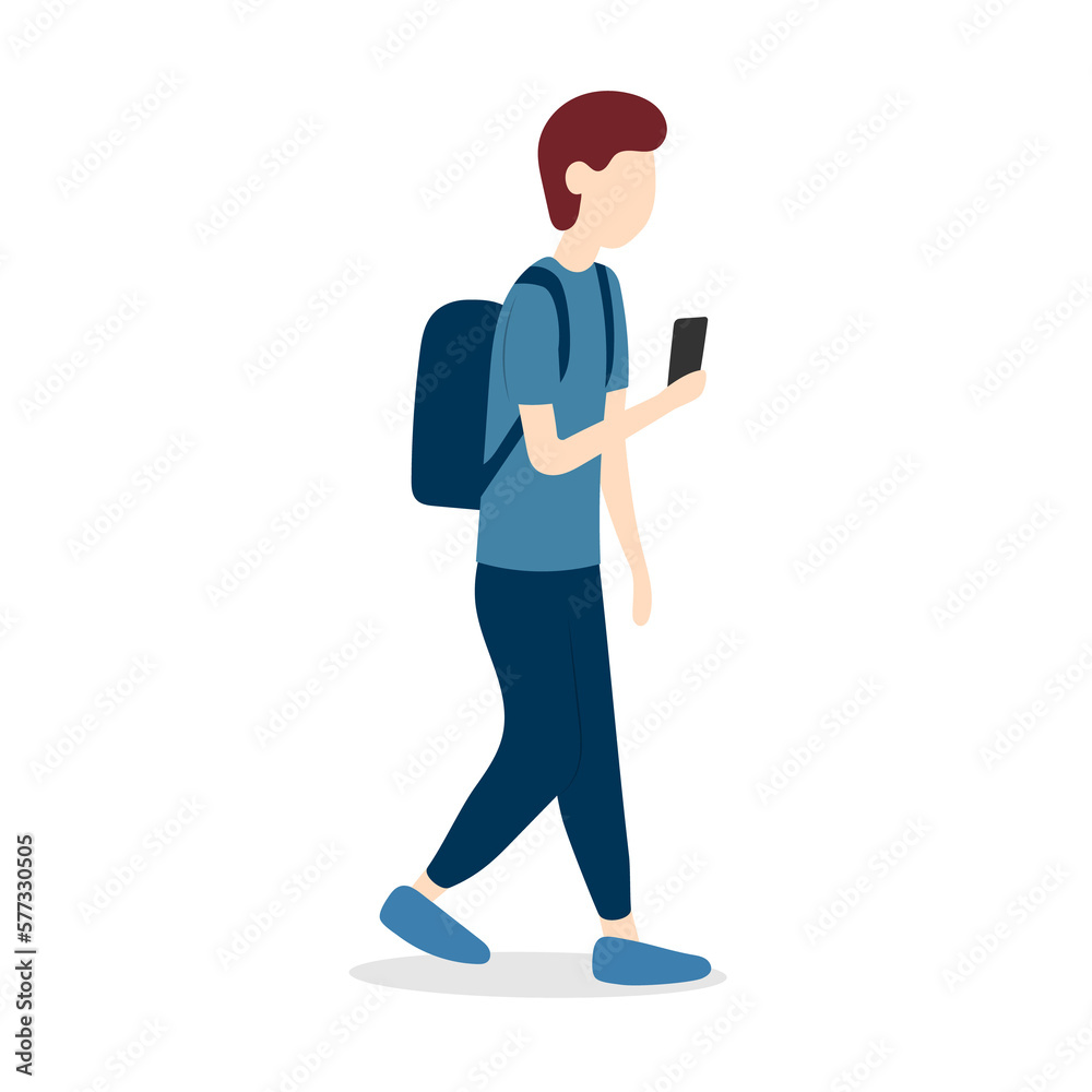 A young man with a backpack walks while looking into a smartphone. Illustration on transparent background