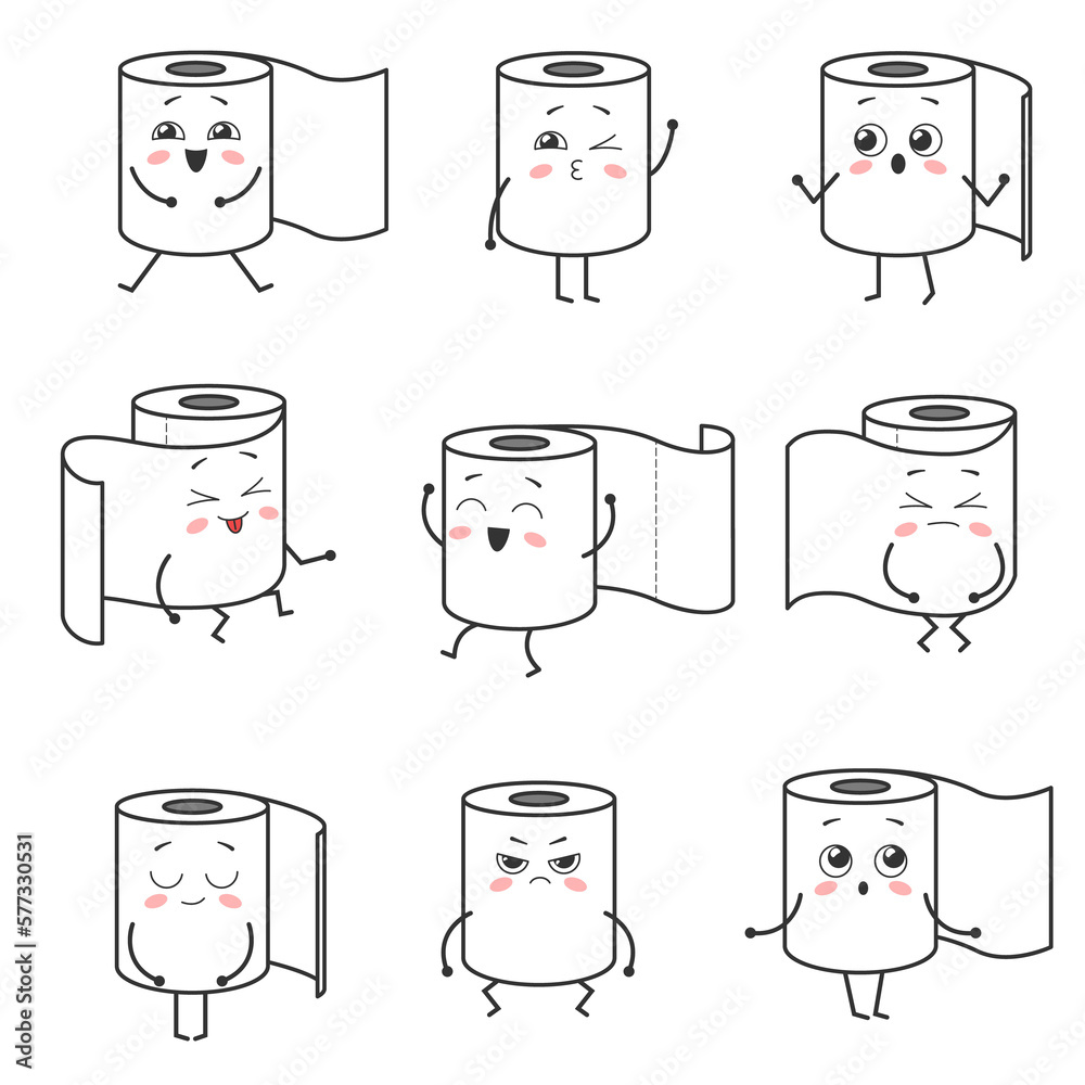 Set of cute kawaii cartoon toilet paper rolls with faces. Emoji