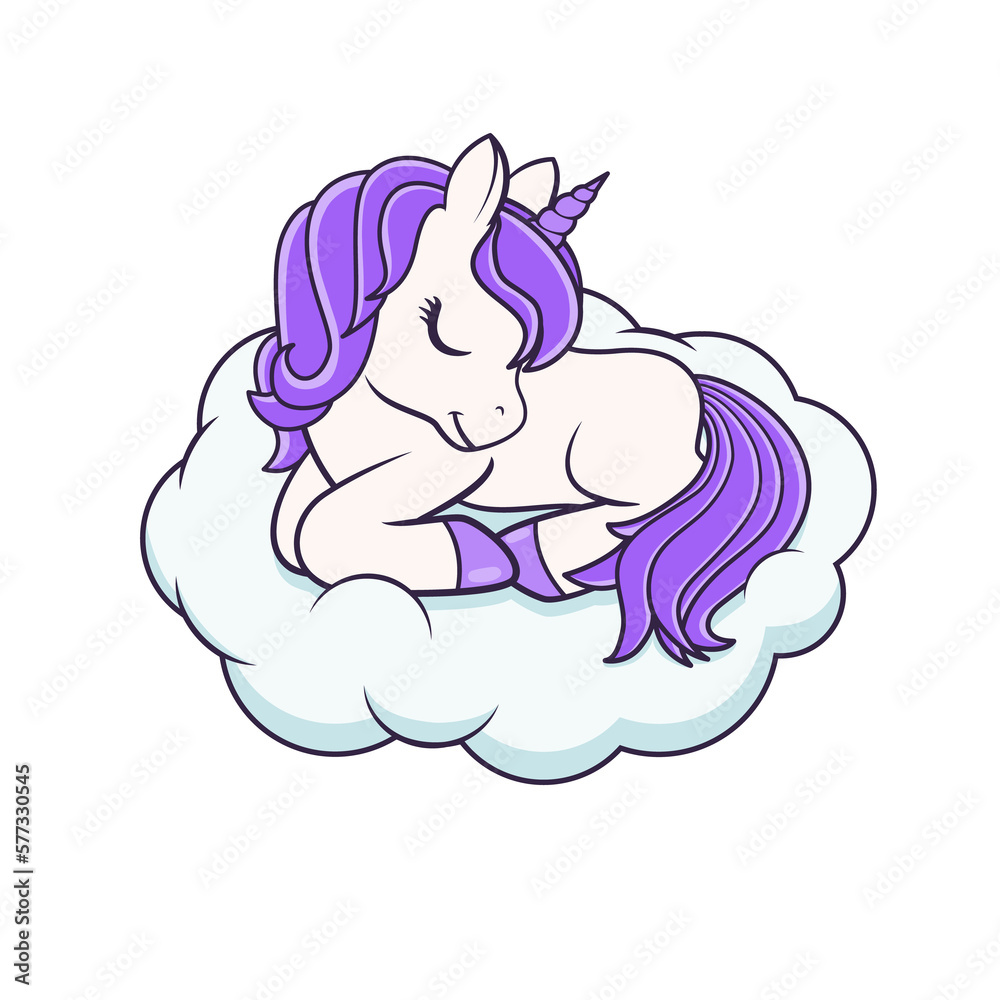 Cute Cartoon Lying down Unicorn on the cloud. Illustration on transparent background
