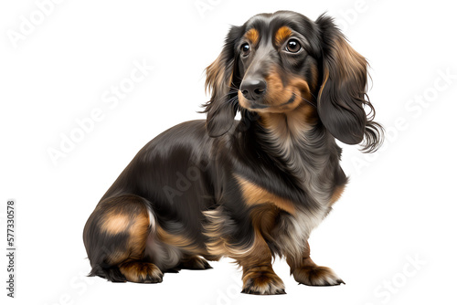 Isolated black Dachshund sitting in a cute pose. Side view. Generative AI.