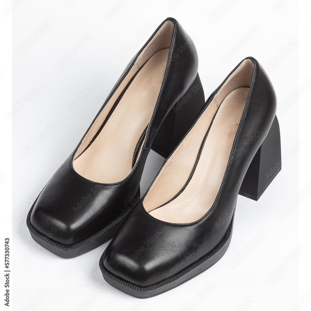 Black Leather Women's Office Comfortable Shoes with Brown Insole on Thick Square Heel on White Background with Blunt Toe Black Leather Women's Office Comfortable Shoes with Brown Insole on Thick Square Heel on White Background with Blunt Toe