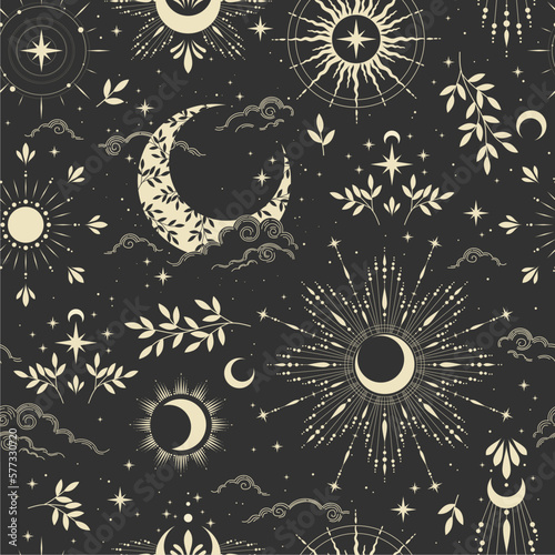 Seamless magic pattern with sun, moon, clouds, stars. Vector elements on dark background. Cosmos print.