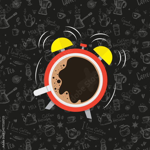 Alarm clock is ringing, coffee cup instead of dial. Morning wake up with cup of coffee. Energy boost after coffee break. Seamless pattern or texture with various coffee elements on background.