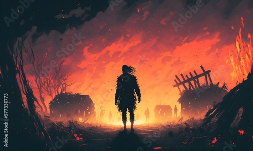 zombie walking in the burnt cemetery with burning sky  digital art style  illustration painting  Generative AI