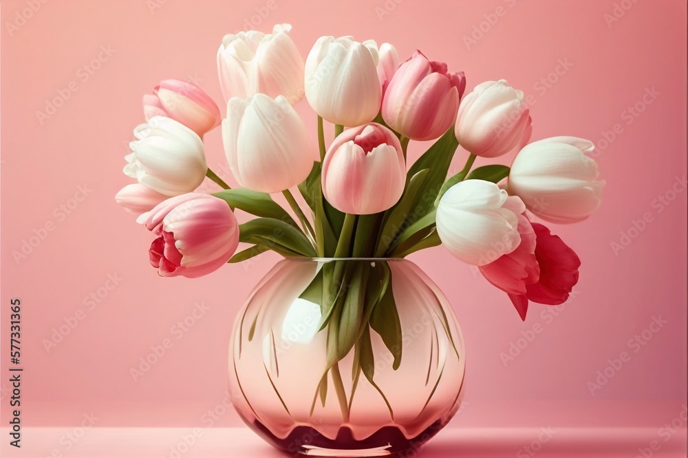 Branches of tulip flowers and green leaves. Floral march design. Greeting card template. Women's day festive illustration Generative AI Branches of tulip flowers and green leaves. Floral march design. Greeting card template. Women's day festive illustration Generative AI