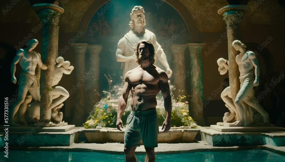 full body of jesus standing in a large greek fountain surrounded by christian statues, Generative AI