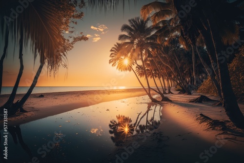 Sunset Beach With Palm Tree and Small Water
