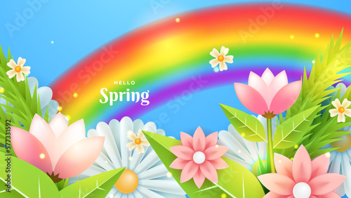 Beautiful spring landscape with rainbow. Light blue spring landscape wallpaper design