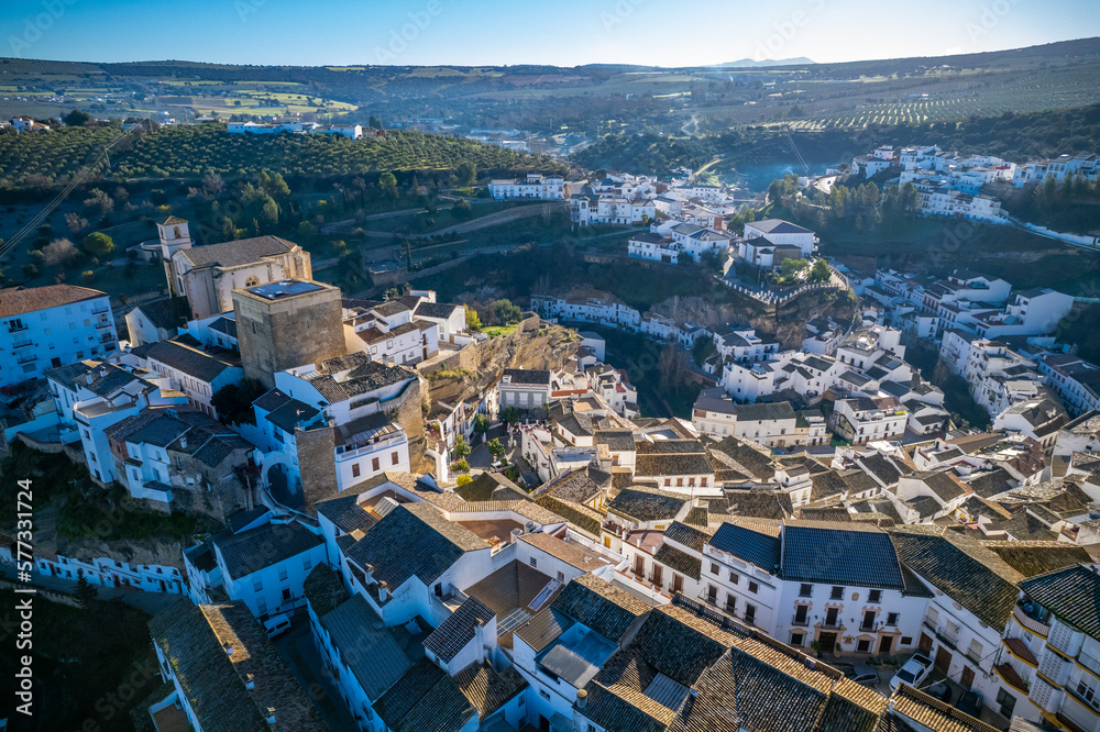 Aerial view above the beautiful village of Setenil de las Bodegas in Spain	