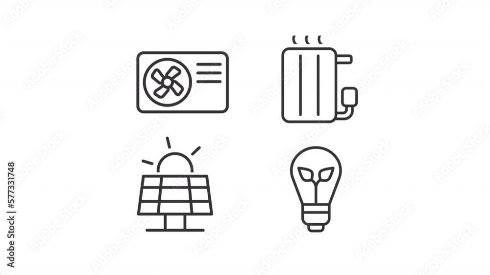 Animated energy savers linear icons. Alternative energy. Lighting appliance. Smart radiator. Seamless loop HD video with alpha channel on transparent background. Outline motion graphic animation Animated energy savers linear icons. Alternative energy. Lighting appliance. Smart radiator. Seamless loop HD video with alpha channel on transparent background. Outline motion graphic animation