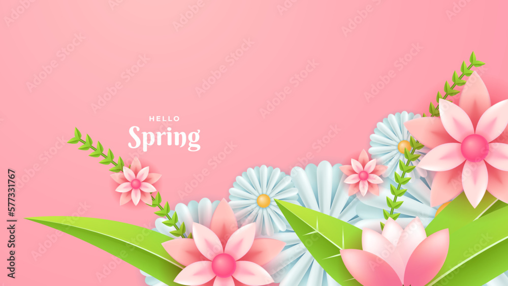 Spring botanical flower floral illustration. Pastel pink spring landscape background