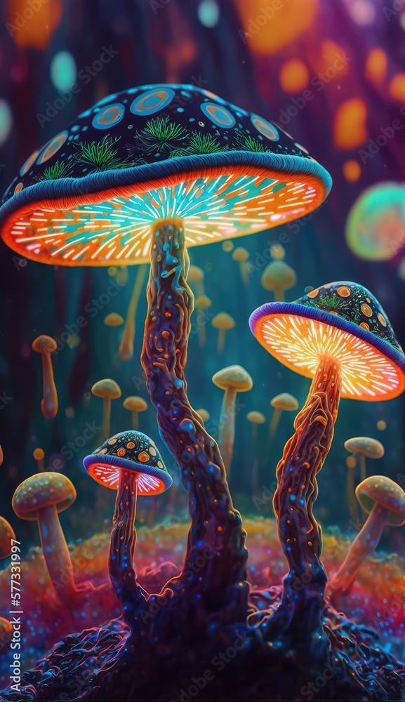 Beautiful colourful magic mushrooms, made with generative ai