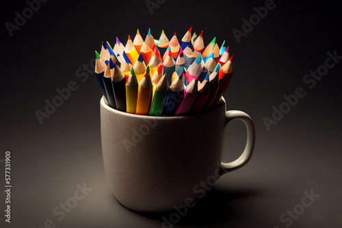 Side view of a bunch of colored pencils in a white cup on dark. Generative Ai