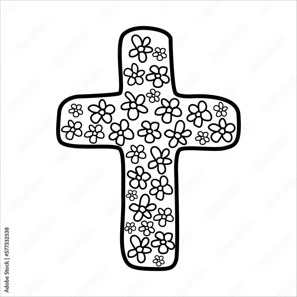 Obraz premium Cross full of flowers doodle vector illustration on white background. Religion symbol.