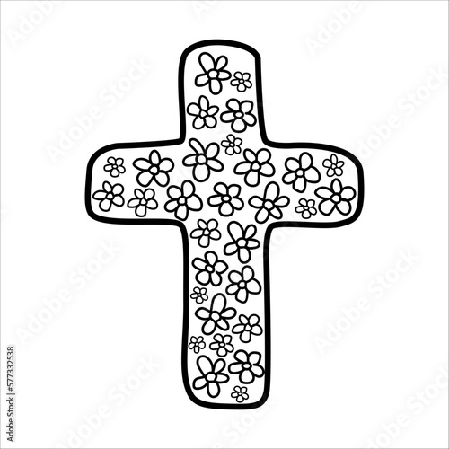 Cross full of flowers doodle vector illustration on white background. Religion symbol.