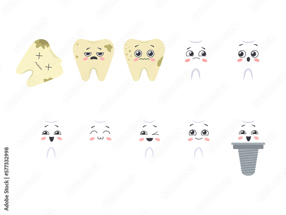 Obraz premium Different cute characters of teeth - sick, healthy, dead, implant. Illustration on transparent background