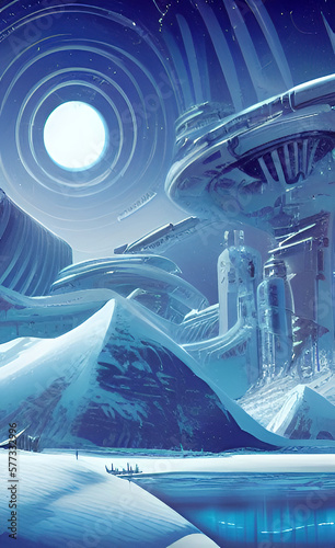 Foto Futuristic tower building on a frozen planet with a snow covered pyramid and a full round moon radiating beams of light in concentric circles