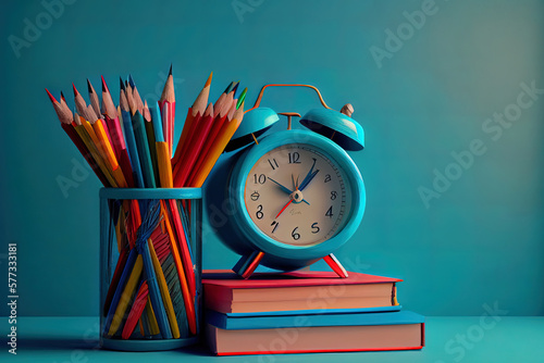 Back to school concept.school books, colored pencils and clock on blue wall. Generative Ai