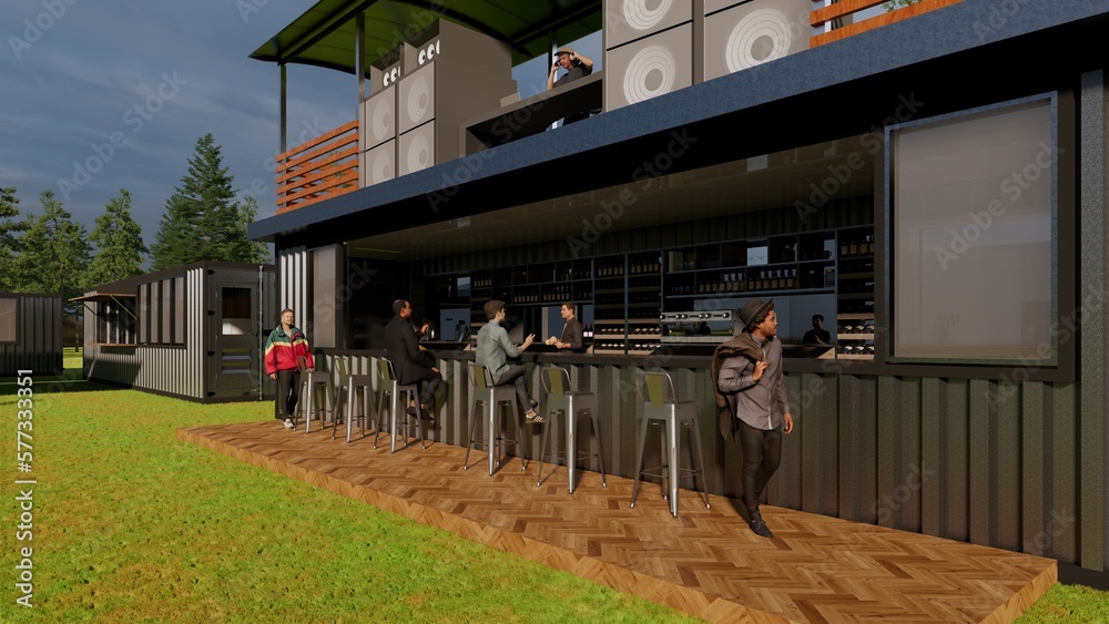 container cafe bar 40 feet 2 floors illustration minimalist