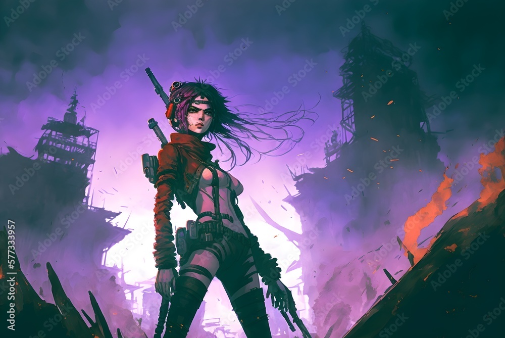 futuristic soldier woman with gun standing against the ruined city, digital art style, illustration painting, Generative AI