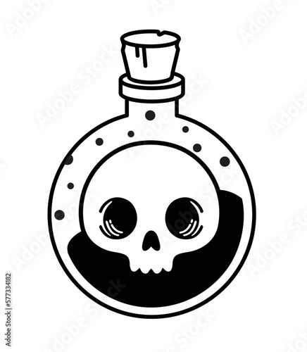 Bottle with a skull. Deadly poison with head bone in simple style on Halloween. Magic poisonous potion in a flask with a skull. Witchcraft witch item. Vector illustration isolated on white.
