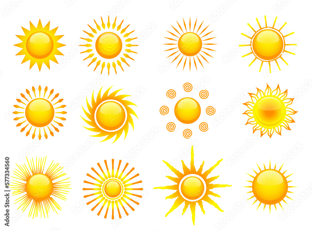 Sun icons vector symbol set. Collection of sun stars for use in as logo or weather icon. Various icons with rays. Vector illustration Sun icons vector symbol set. Collection of sun stars for use in as logo or weather icon. Various icons with rays. Vector illustration