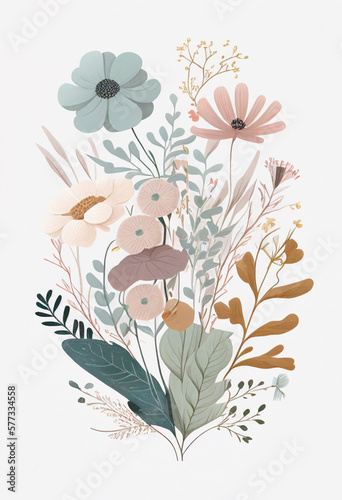 Beautiful Flowers Bouquet, Floral Arrangement, Wall Art Illustration, Generative AI