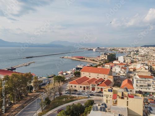 Aerial view Patras city by drone. Summer Greece. Panorama.