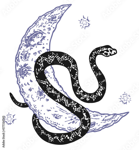 Vector abstract magic illustration with celestial snake, moon and stars. Mystical witchy symbol. Boho trendy esoteric serpent symbol for poster print, fashion, fabric, textile, paper, tattoo. Isolated