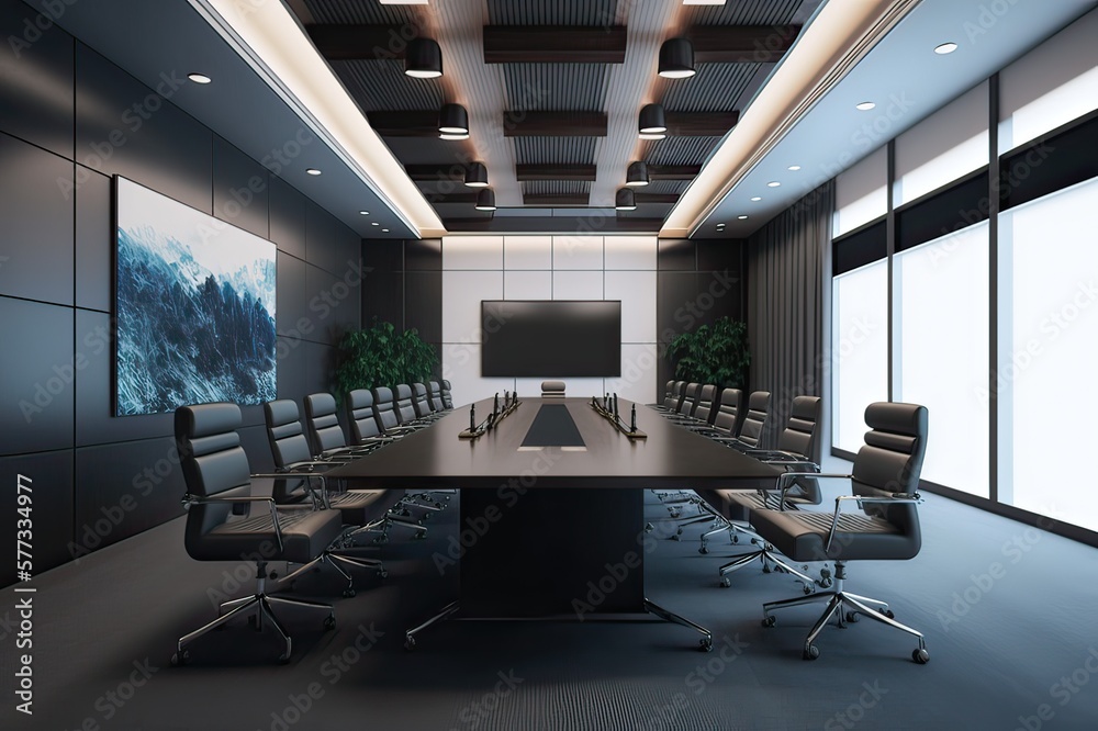 Empty Meeting Room: Conference Table, Chairs, Projection Gear, Screen. Photo generative AI Empty Meeting Room: Conference Table, Chairs, Projection Gear, Screen. Photo generative AI