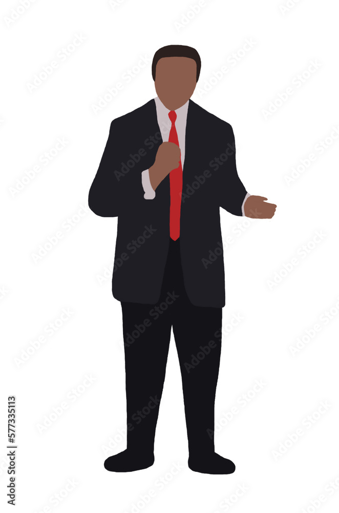 A young businessman standing in a full formal suit presents his work. A young businessman standing in a full formal suit presents his work.