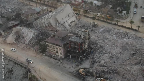 Hatay Antakya center city drone view, areas affected by the earthquake, buildings damaged and destroyed by the earthquake, tent cities of earthquake victims, Turkiye Earthquake photo