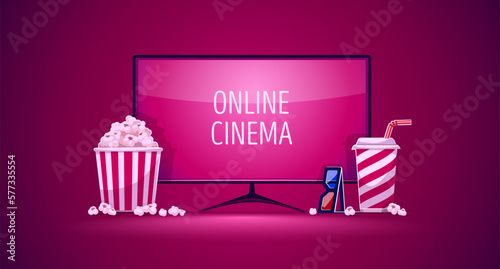 Online movie cinema. Screen of TV set with button for home video film watching. Popcorn in a paper cup and cola juice drink. Glasses. Banner display monitor. Vector illustration