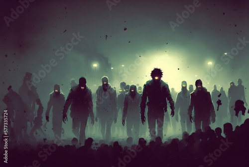 zombie crowd walking at night, halloween concept, illustration painting, Generative AI