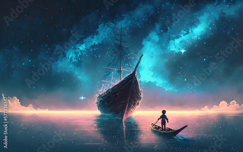 little boy rowing a boat in the sea and looking at the sailing ship floating in starry sky, digitl art style, illustration painting