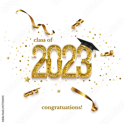 2023 graduation ceremony square banner. Award concept with academic hat, golden numbers, ribbons, confetti and text isolated on white background