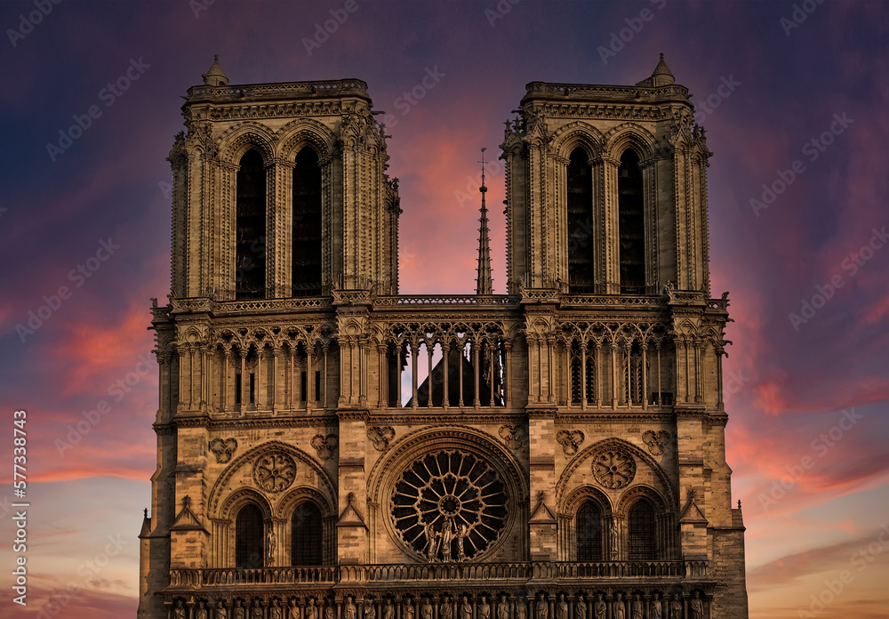 Notre Dame against sunset sky. Medieval Catholic Cathedral (Notre-Dame de Paris). European and world architecture heritage. Paris. France