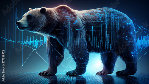 3d of a bear on a dark background with financial charts. AI generativ.