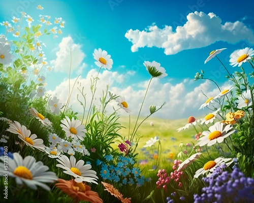 generative ai illustration of beautiful flower meadow in spring  blue sky with white clouds