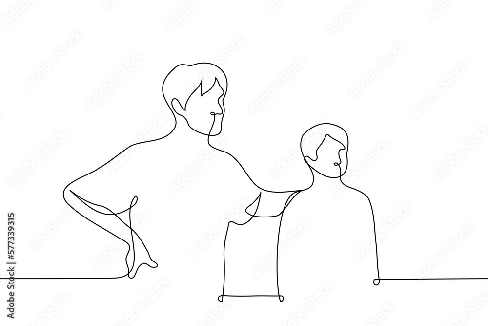 man put his hand on the child's back, they both look in the same direction - one line drawing vector. concept adult support, father-child relationship man put his hand on the child's back, they both look in the same direction - one line drawing vector. concept adult support, father-child relationship