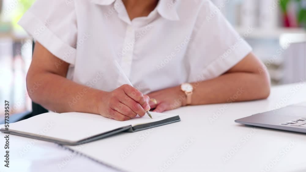 Business woman, hands and notebook writing in office for company planning, schedule management or creative agenda ideas. Manager, CEO and worker with notes, pen or calendar diary for startup mission Business woman, hands and notebook writing in office for company planning, schedule management or creative agenda ideas. Manager, CEO and worker with notes, pen or calendar diary for startup mission