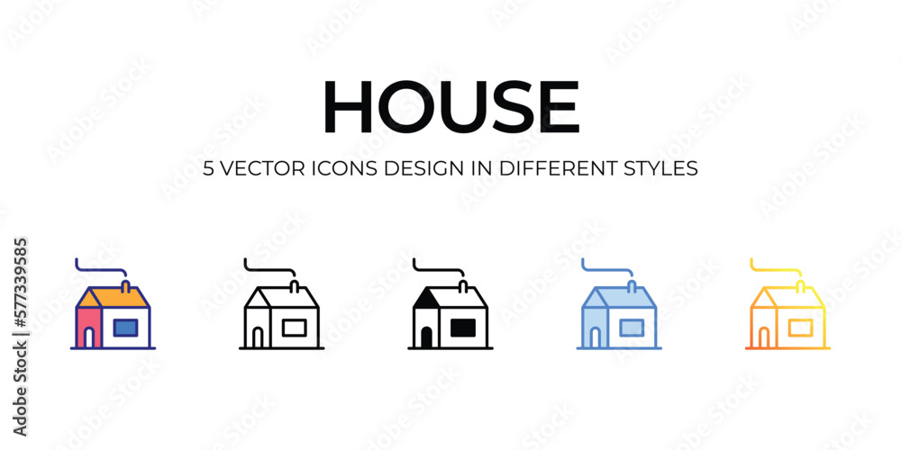 house Icon Design in Five style with Editable Stroke. Line, Solid, Flat Line, Duo Tone Color, and Color Gradient Line. Suitable for Web Page, Mobile App, UI, UX and GUI design.