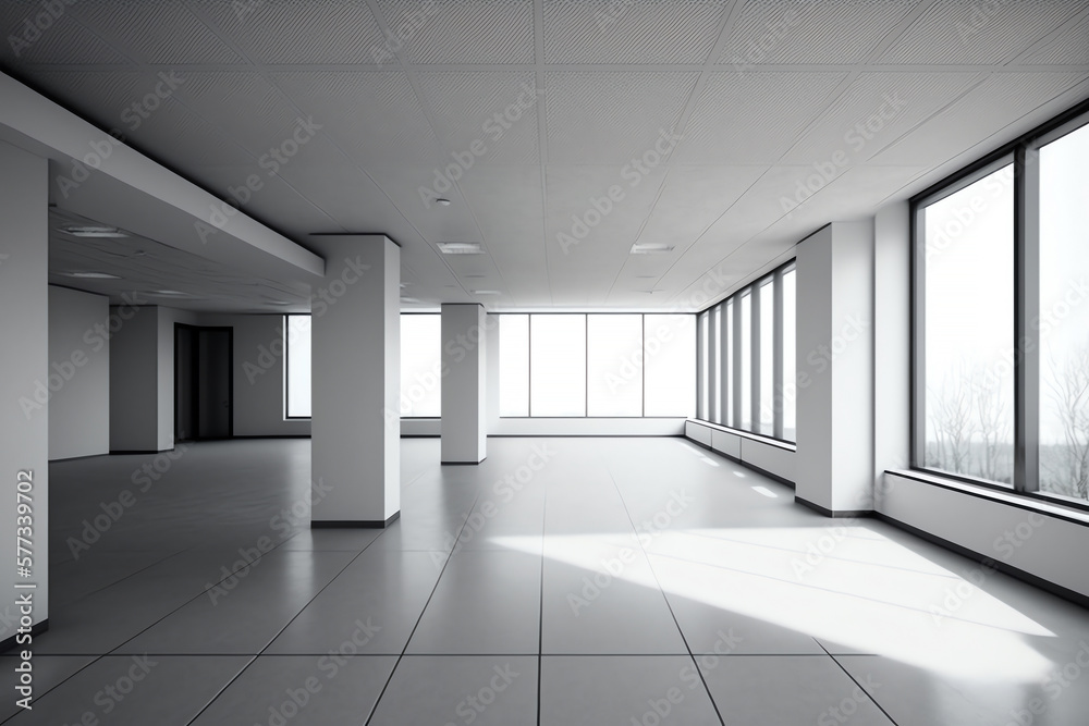 Empty big office interior. Modern spacious empty light hall room with big windows. ceramic tiles on the floor and lights. Generative AI Empty big office interior. Modern spacious empty light hall room with big windows. ceramic tiles on the floor and lights. Generative AI