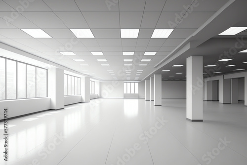 Empty big office interior. Modern spacious empty light hall room with big windows. ceramic tiles on the floor and lights. Generative AI