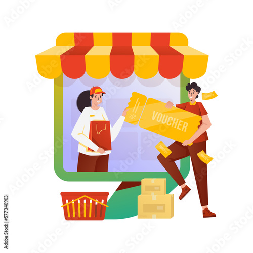 A man claims a shopping voucher card vector illustration