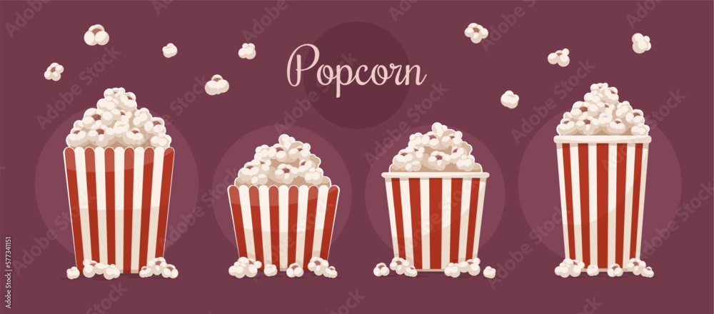 Paper cups set full of popcorn on red background. Fast food snack for ...
