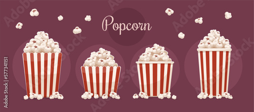 Paper cups set full of popcorn on red background. Fast food snack for movie films watching in the cinema theater. Collection. Vector illustration